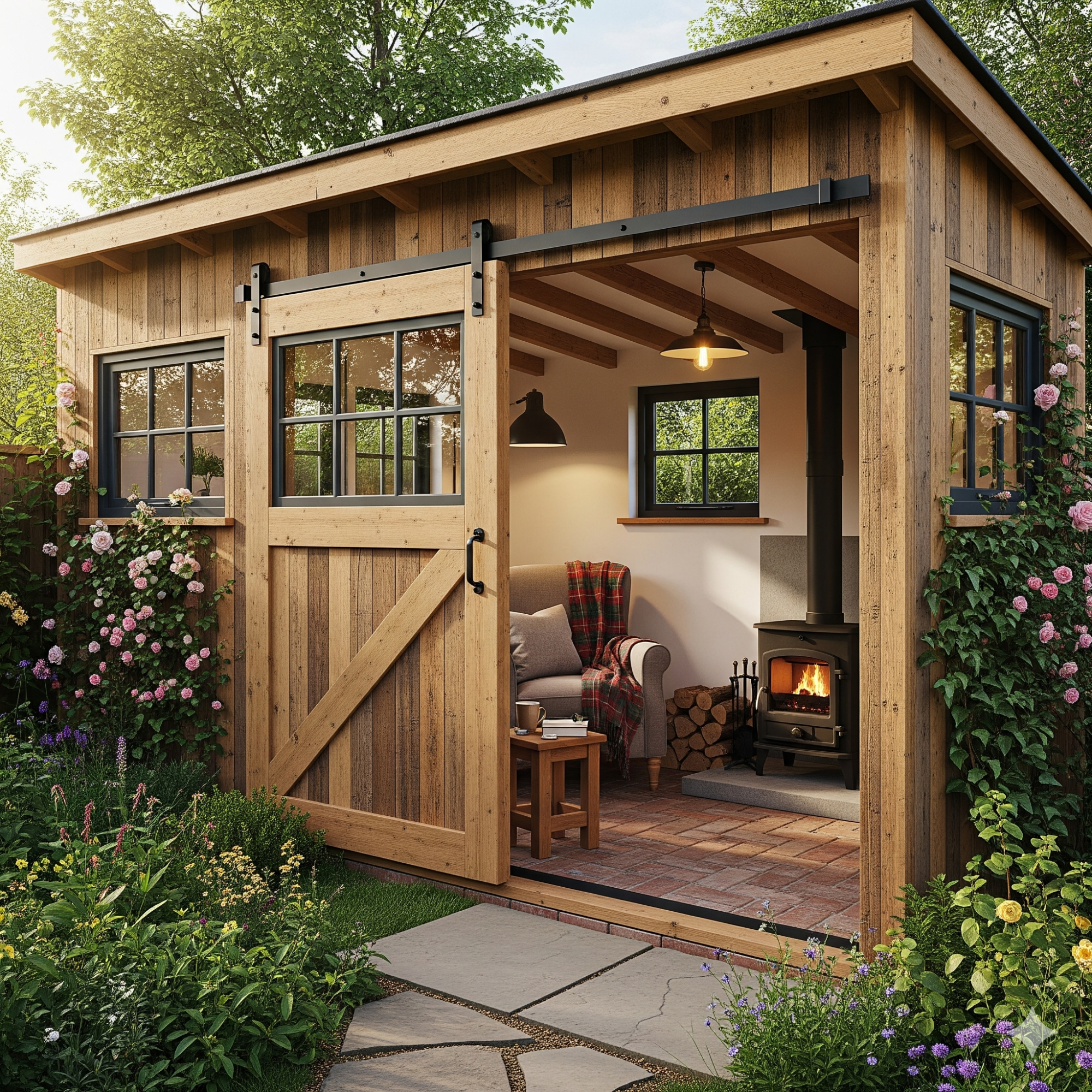 Rustic Country A wooden garden shed with an open door, featuring a chair, stove, and potted plants.