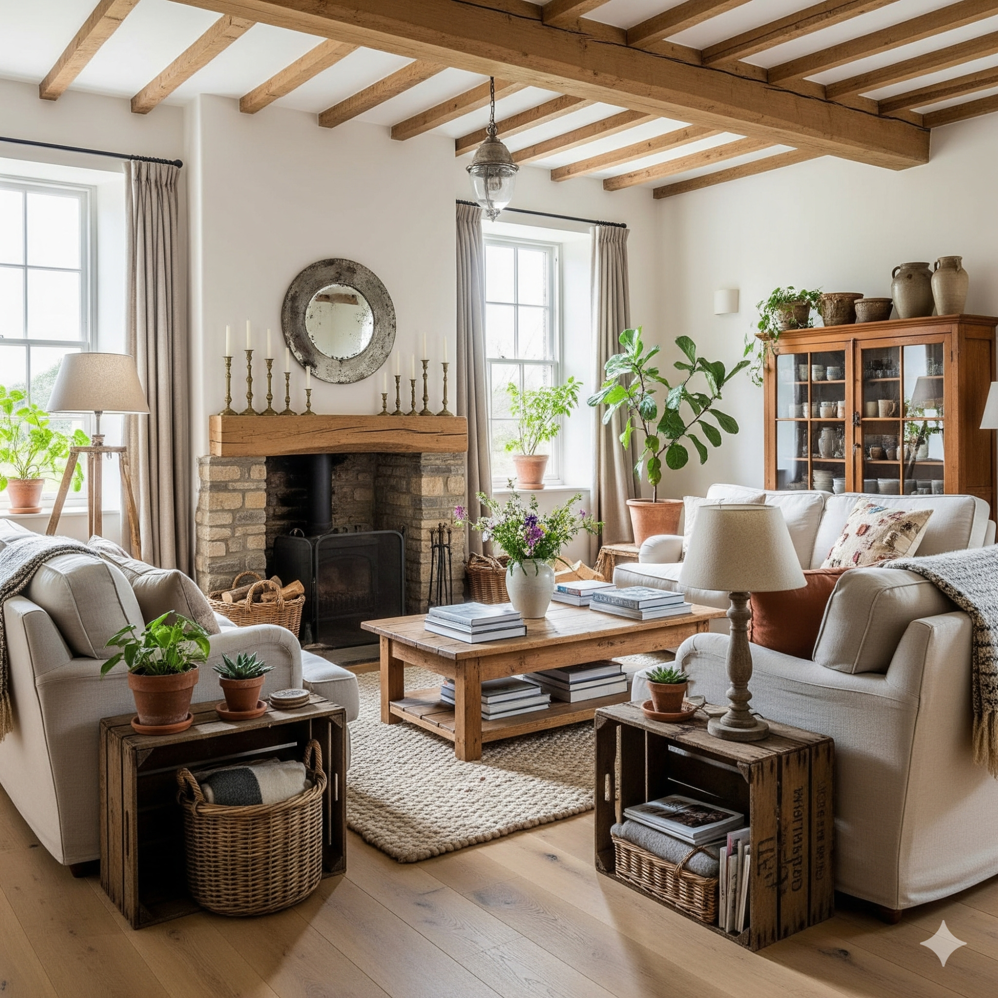 Scandinavian (Hygge) Bright, cosy living room with wooden beams, plants, and comfortable seating.