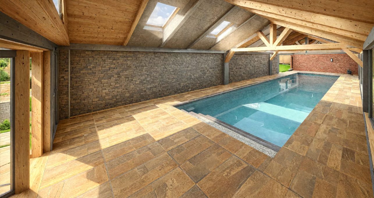 Render shot 04 Indoor swimming pool with wooden beams and stone walls, featuring a sunlit wooden floor.
