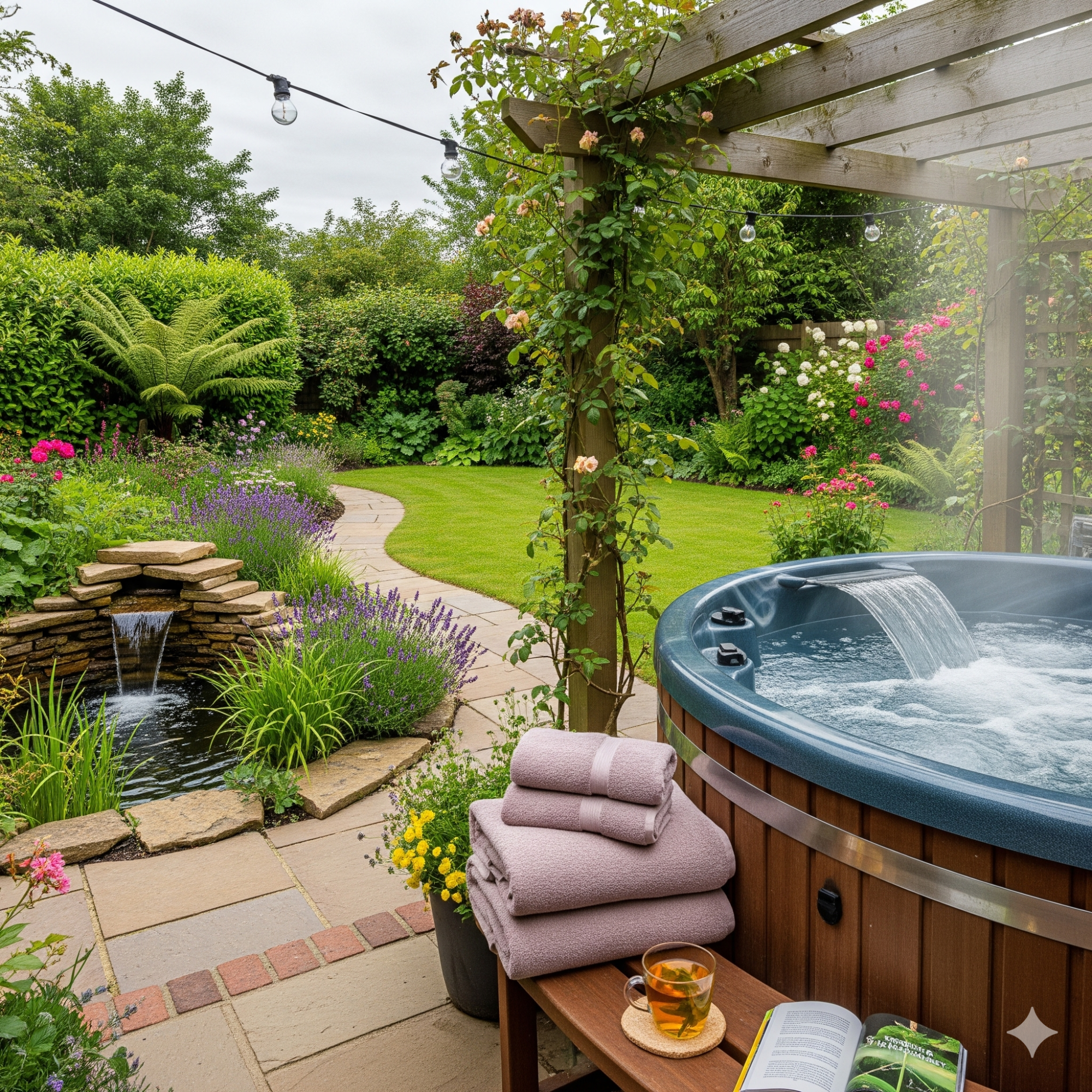 Outdoor Spa Garden A relaxing garden scene featuring a hot tub, lush greenery, and a winding path.
