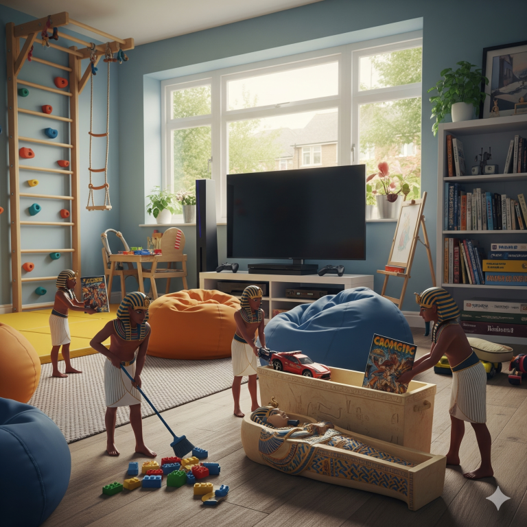 UK home Playroom for Children/Teenagers A bright playroom with children, soft furnishings, toys, and a climbing wall.