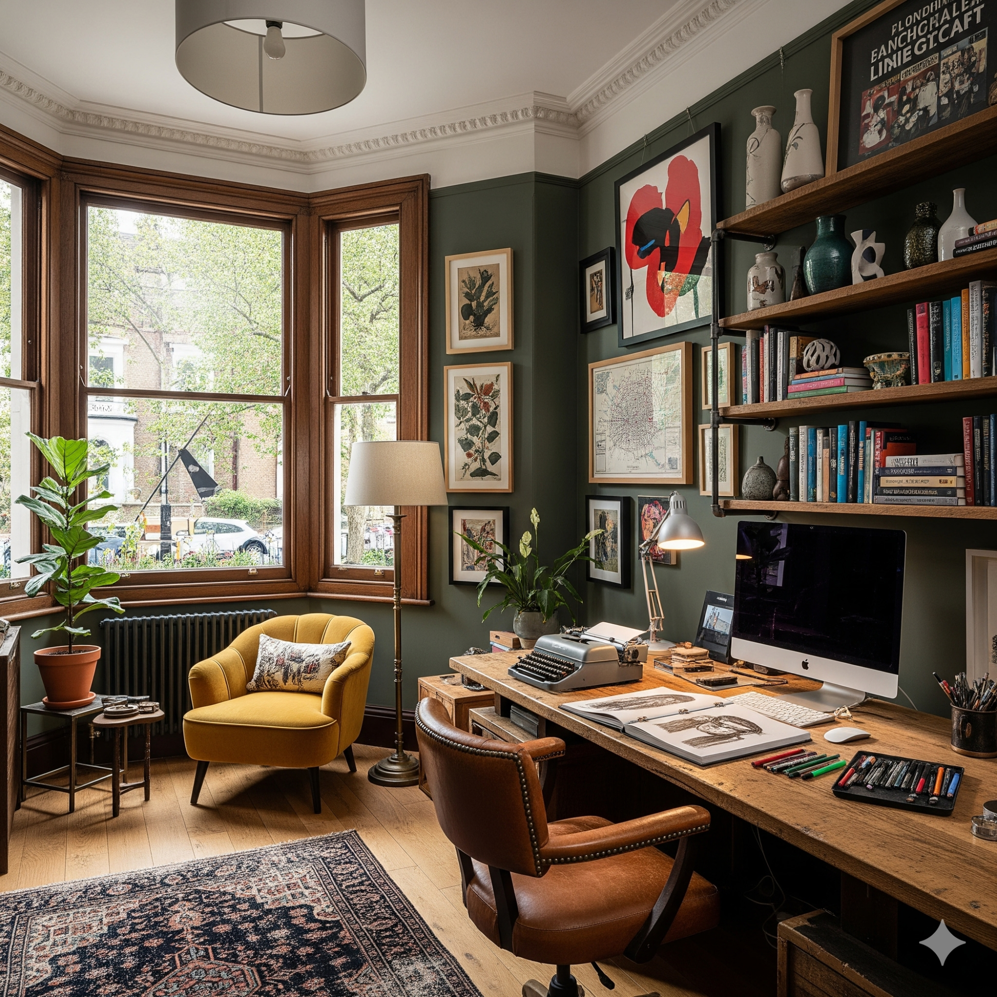 Eclectic Studio A stylish home office with a wooden desk, bookshelves, plants, and decorative artwork.